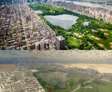 Above a real picture of Central Park, NYC, below the same view in Minecraft