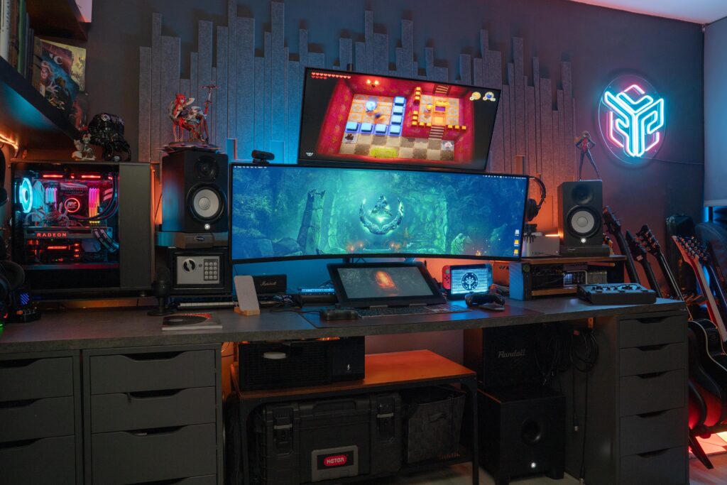 This is how my battle station currently looks! In my studio, I produce videos, music, and of course, game like crazy. It took a long time to build, and this is the result of many years of hard work.
