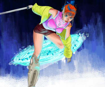 Cyberpunk swordswoman character design by me (artn000), digital, 2024