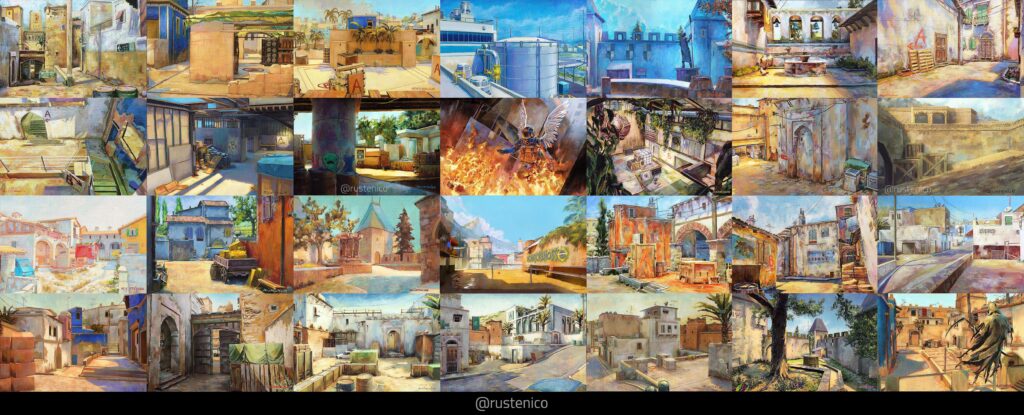 Counter-Strike turns 25 years old today. On the 20th anniversary of CS, I started a painting project inspired by Counter-Strike maps. Well, these are all the paintings that I did so far. None of this would be possible without this amazing community. Thank you. 🧡💙