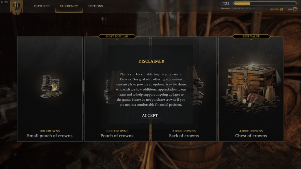 Interesting disclaimer on buying optional currency in Chivalry 2