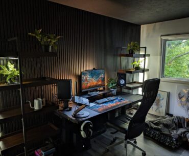 Was told you guys might like this? Still filling the shelves, but sit-stand desk, solid sound system, and plants make ALL the difference. Pupper cameo for bonus points.