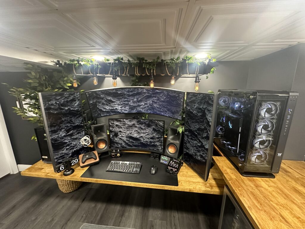 Unfinished basement turned office. Dual PC setup. No wires or cable management under desk.