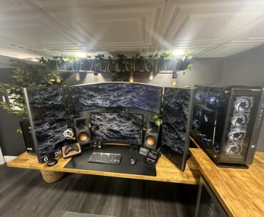 Unfinished basement turned office. Dual PC setup. No wires or cable management under desk.