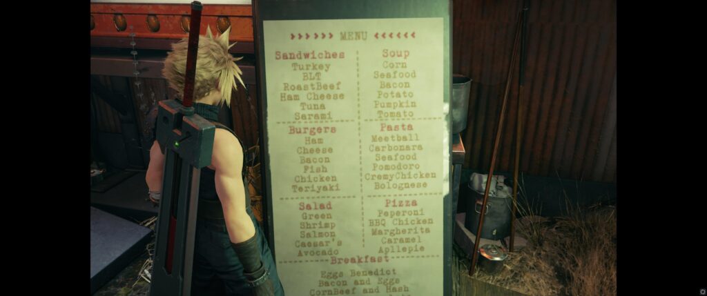 Cremy Chicken, Meetball Carbonara, Apllepie, and Sarami all sounds very good right now (Final Fantasy Remake)