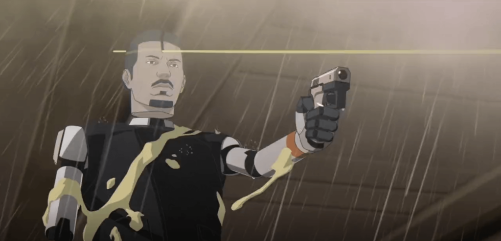 Carlos, a robot with a holographic head, getting shot in the "head" during a shootout in the movie Mars Express (2023)