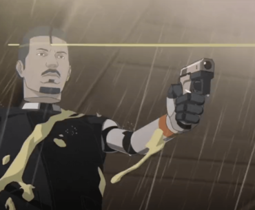 Carlos, a robot with a holographic head, getting shot in the "head" during a shootout in the movie Mars Express (2023)