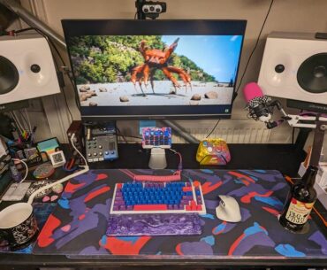My gaming/music/office set-up that I keep under this bed I made from handrail and fittings that also doubles as my wardrobe. (Renting a single room and space is precious).