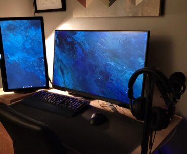 My Setup. The vertical monitor on the left is not meant to be vertical so I had to use heavy duty tape to keep in vertical (Monitor - Dell ST2320L) my main monitor in the (Samsung Odyssey G3 32 inch) my PC is sitting on the floor because I had no desk space whatsoever, so it just sits there.
