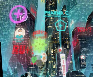 "R U +?" this cyberpunk cityscape was inspired by the paandemic.