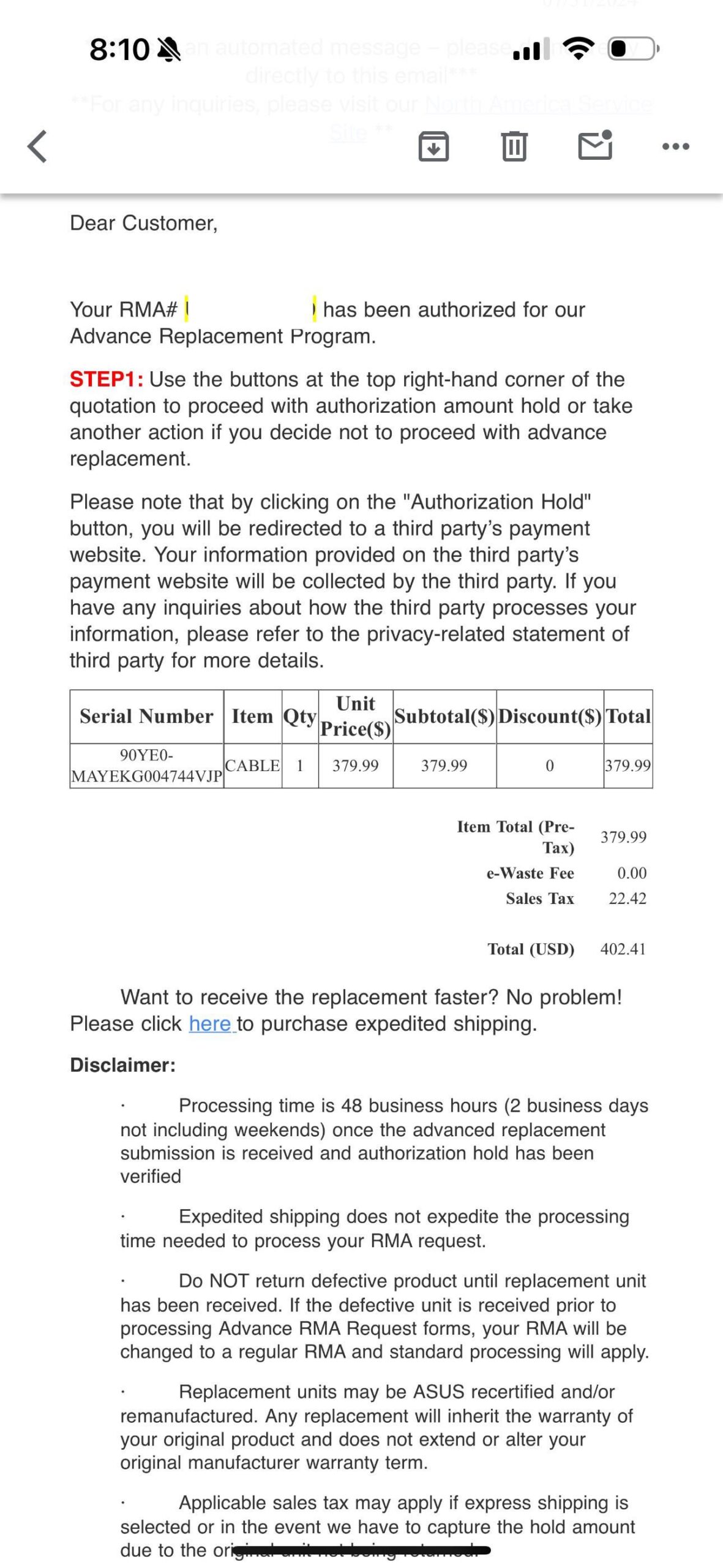 Asus wants to charge me $400 for a cable I was suppose to get for free. Asus wants to charge me $400 for a cable I was suppose to get for free.
