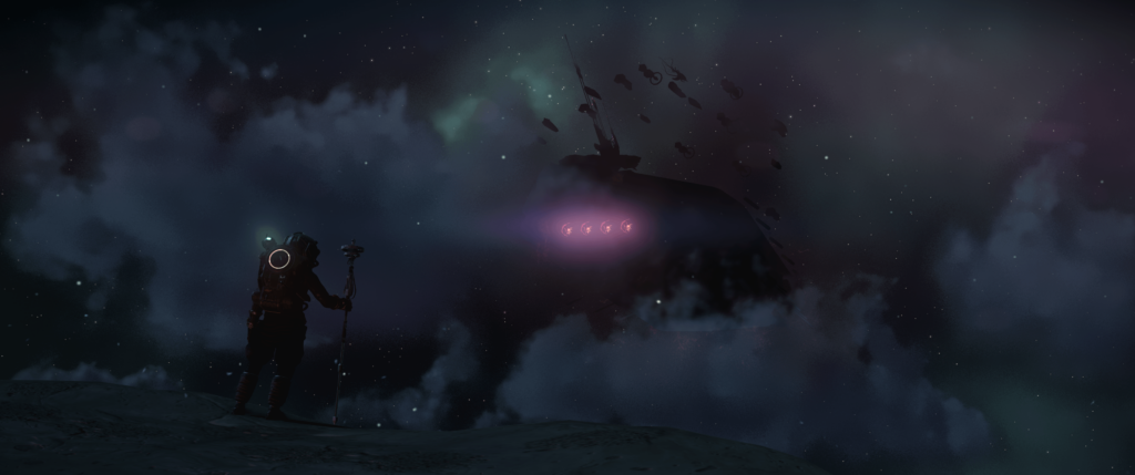 No Man's Sky photo mode. A photo of my capital ship with a fleet of frigates in orbit on a cloudy day on the planet i was on.