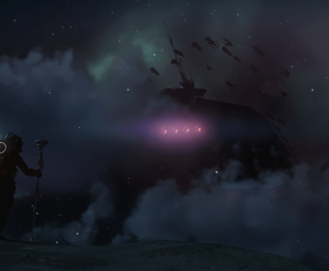 No Man's Sky photo mode. A photo of my capital ship with a fleet of frigates in orbit on a cloudy day on the planet i was on.