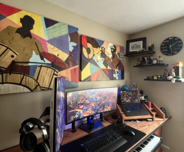 My DIY setup. Desk, laptop stand, and shelves all self-made!