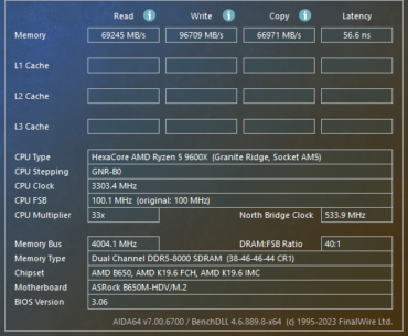 Zen 5 DDR5 8000 AIDA64 loose timings limited to 1.43VDD/VDDQ 2167FCLK. New AGESA seems to have improved 8000+ stability, I'm now able to post DDR5 8400.