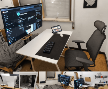 My LG C1 55" is mounted on a modded TV support cut in half to fit a central metal pole with wood and bearing, letting it swivel. Added a shelf for electronics and lighting. The setup allows for 3 configurations; usually, the table is positioned a bit farther back.