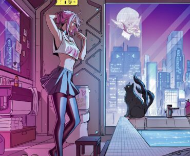 [OC] New artwork from my 4th Cyberpunk graphic novel. Her name is Nyx. What should I name the yokai cat? 🐈‍⬛