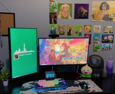 Update from 2+ years ago. Got rid of the loft bed, got matching sized monitors, still working on the art wall <3