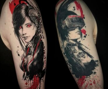 Now have both arms done - Cyberpunk Trash Polka tattoo by Tori Fernandez at Black Honey Tatto, Fort Lauderdale, FL. (Left arm fresh, right arm 6 months healed in this photo)