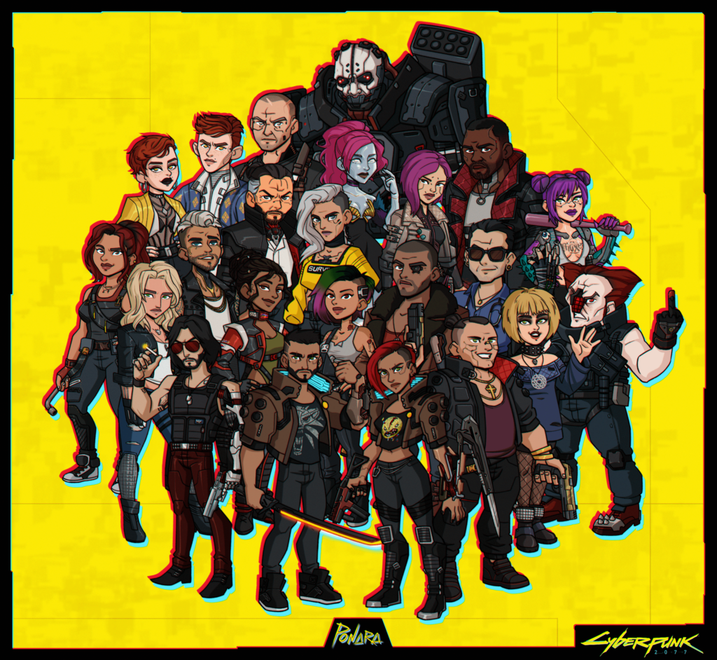 Over the course of a month I drew most of the main cast + some side characters from Cyberpunk and Phantom Liberty. Here are all of them together!