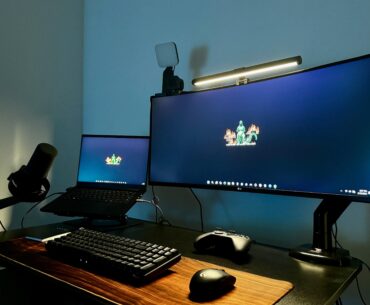 space saving reversed black and walnut battlestation