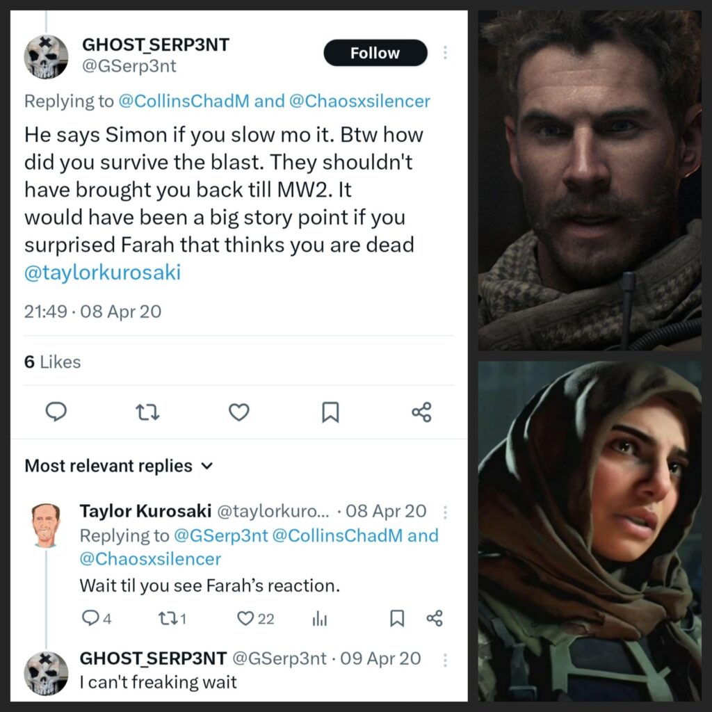 Fromer narritive director of IW wanted to make a scene in the MWII campaign where Farah is surprised that Alex survived the explosion in mw2019...