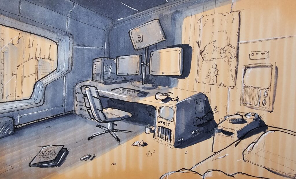 Cyberpunk bedroom from my sketchbook.