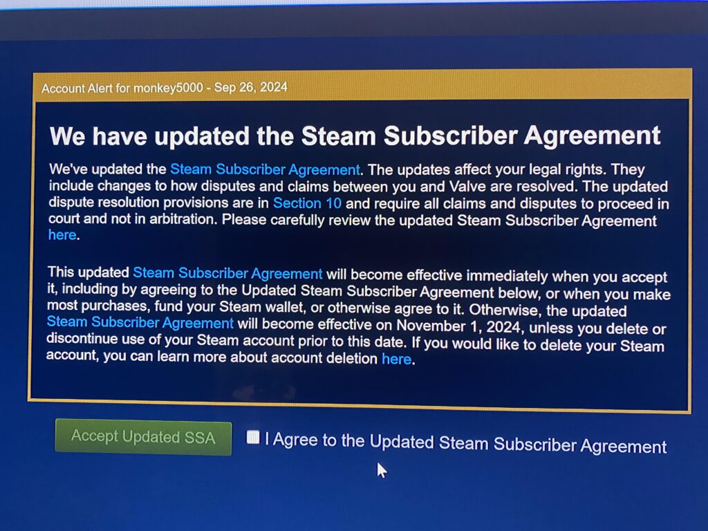 Yay! Steam dropped their arbitration clause in their Terms of Service.