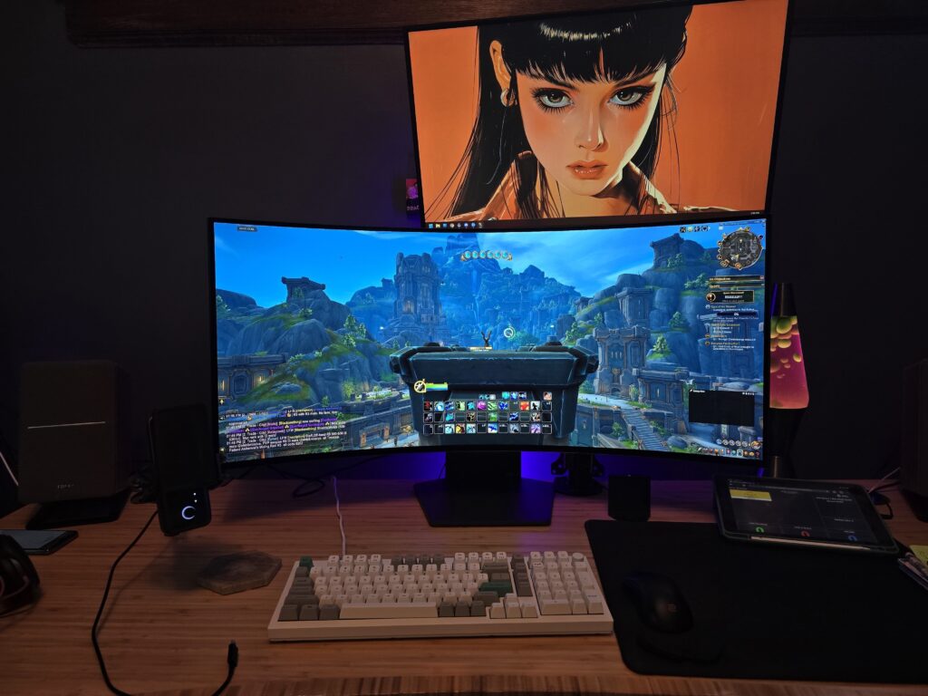 A twist on the his/hers station. Same room with just enough separation. Side note: Get an Ultrawide!