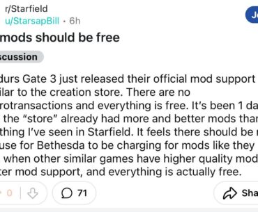 Banned from r/starfield for advocating for free mods.