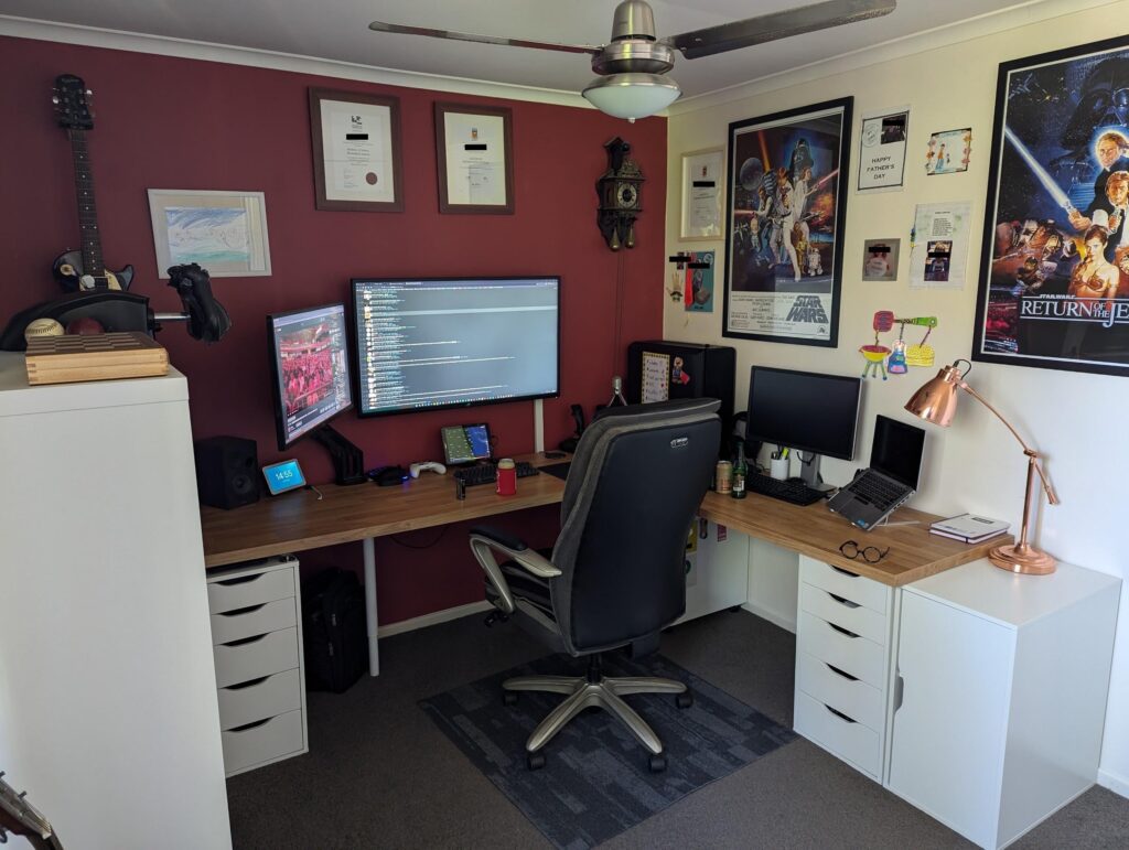 Since having the kids, I don't get the TV much anymore. So this is my gaming, TV, movies, work from home, and lounge station.