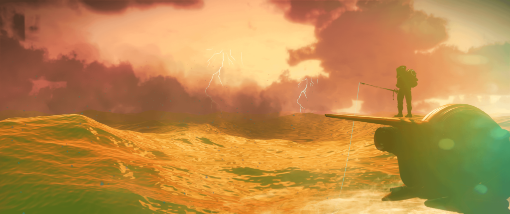 In No Man's Sky you can now go fishing in the middle of an ocean during a storm, standing on your tiny starship that you hover above the water.