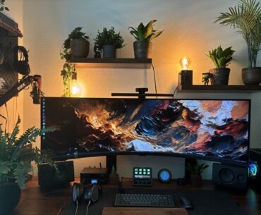My happy dev space with upgrades to Samsung 57" and Streamdeck+