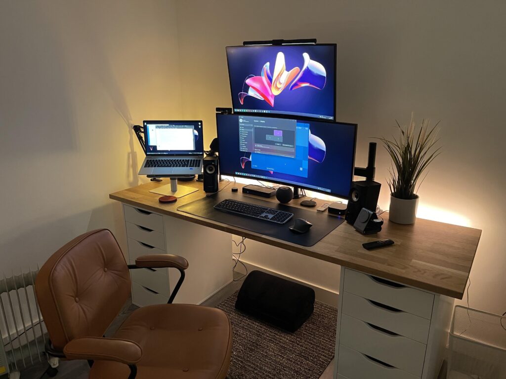 Stacked monitor set up. Time will tell how practical it is, but I think it looks great!