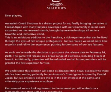 AC: Shadows has now been delayed to February 14, 2025 and will also mark the return of Ubisoft Games releasing on Steam from Day 1