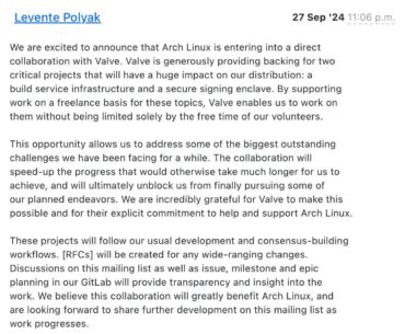 Arch Linux announces direct collaboration with Valve(for people that don't know, SteamOS is based on Arch Linux btw)