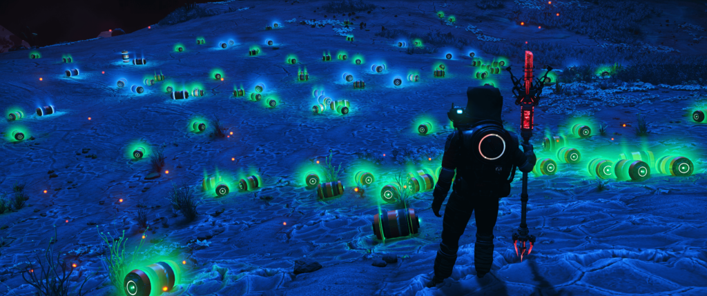 No Man's Sky. Each one of these canisters belonged to a 'sentinel', a robotic 'police' being that comes to kill you if you misbehave or threaten the integrity of the game's reality.
