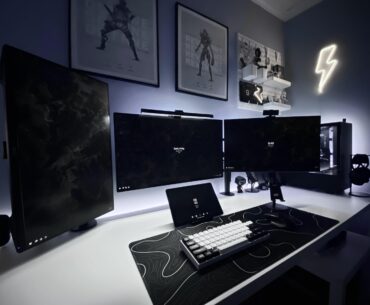 black and white, triple monitor setup