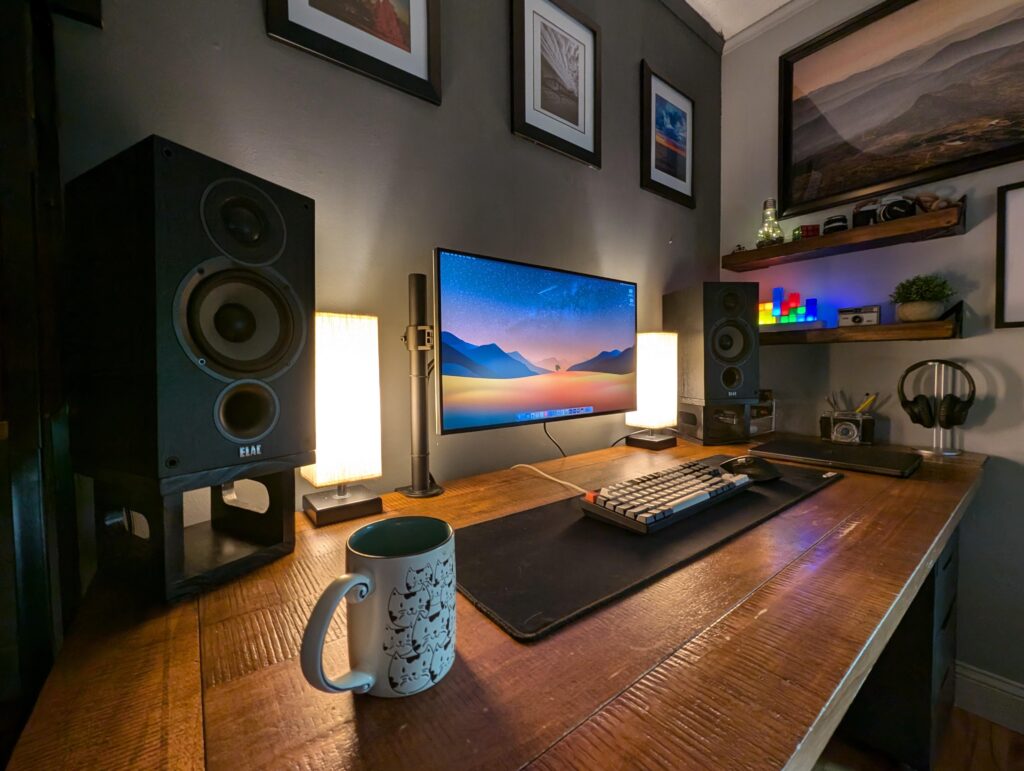 It's a work in progress, but I'm happy with my little cozy workstation. All powered by my Macbook Pro.