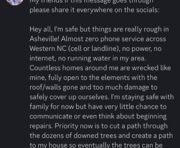 Update on LGR aka Clint Basinger: sounds like house is wrecked after the hurricane, trees fallen over house and no cell service or internet