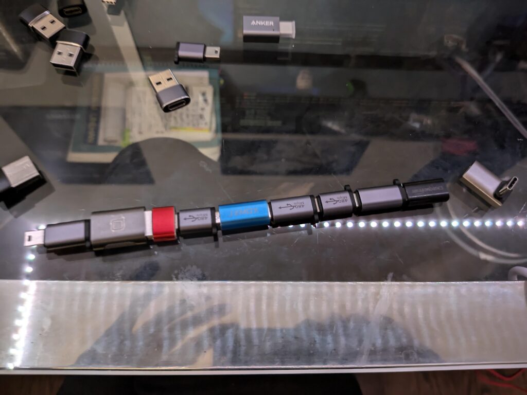 Bored. Got all my various USB adapters and connected them to see how long it’ll go Bored. Got all my various USB adapters and connected them to see how long it’ll go