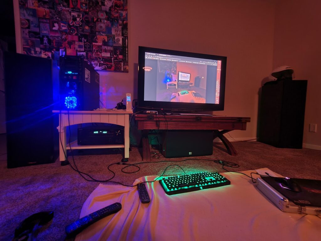 ATX tower, 46" Panasonic plasma, Klipsch KG 5.5 fronts, SVS sub, JBL center, EV 8.2 rears, 2 more Klipsch's on high.. Onkyo receiver.. kinda HTPC/surf and CS2 machine setup.