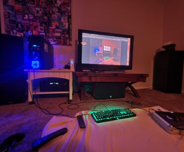 ATX tower, 46" Panasonic plasma, Klipsch KG 5.5 fronts, SVS sub, JBL center, EV 8.2 rears, 2 more Klipsch's on high.. Onkyo receiver.. kinda HTPC/surf and CS2 machine setup.