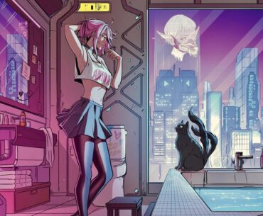 [OC] New artwork from my 4th Cyberpunk graphic novel. Her name is Nyx. What should I name the yokai cat? 🐈‍⬛