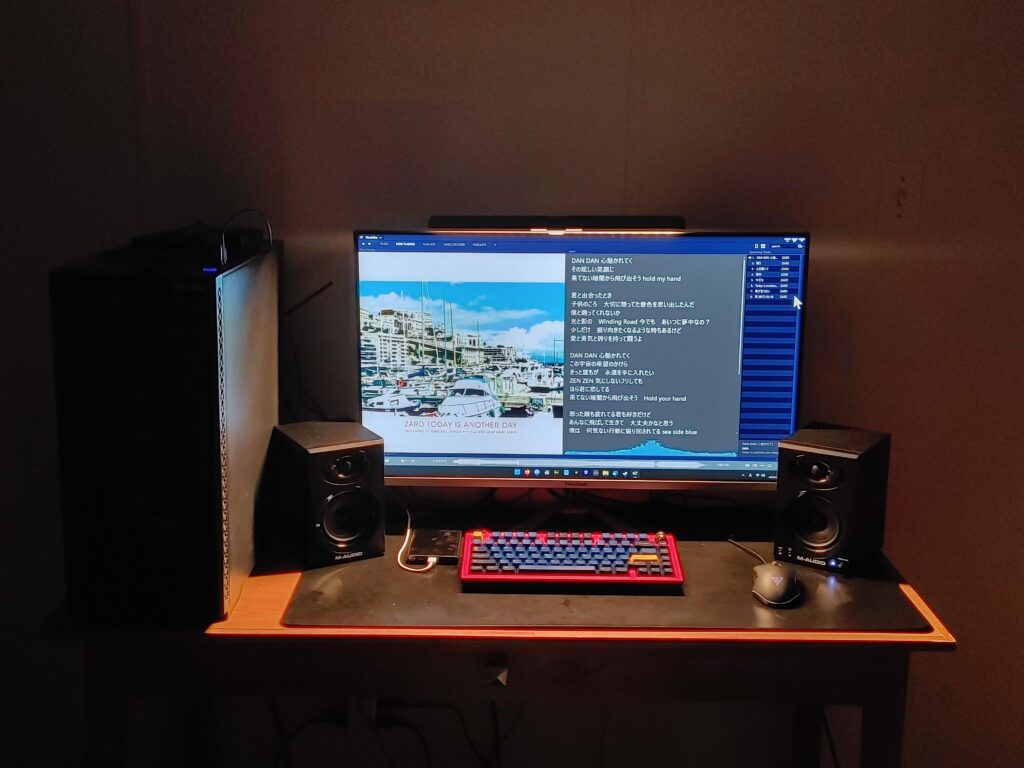 WIP after moving to a new house. After being stuck with the built-in speakers and dinky old computer speakers, I'm kinda in love with these cheap reference monitor speakers even if it's not at ear level and I'm in a less-than-organized, untreated room.