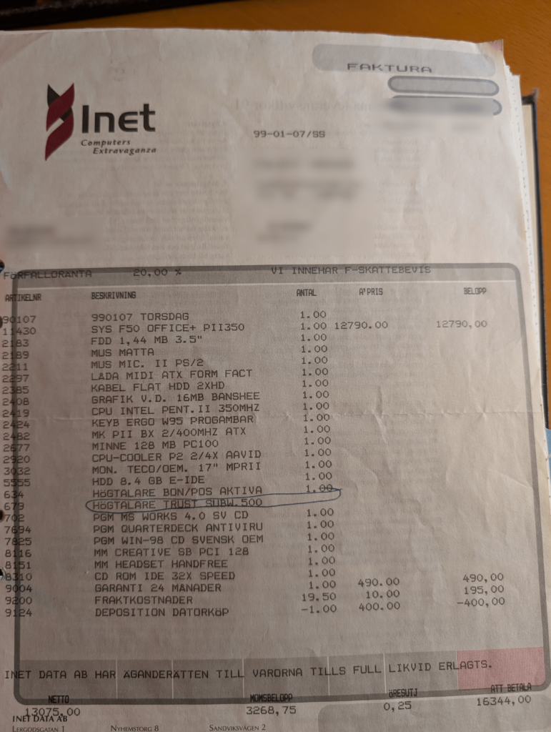 Just found the receipt from 1999 of the first computer I bought