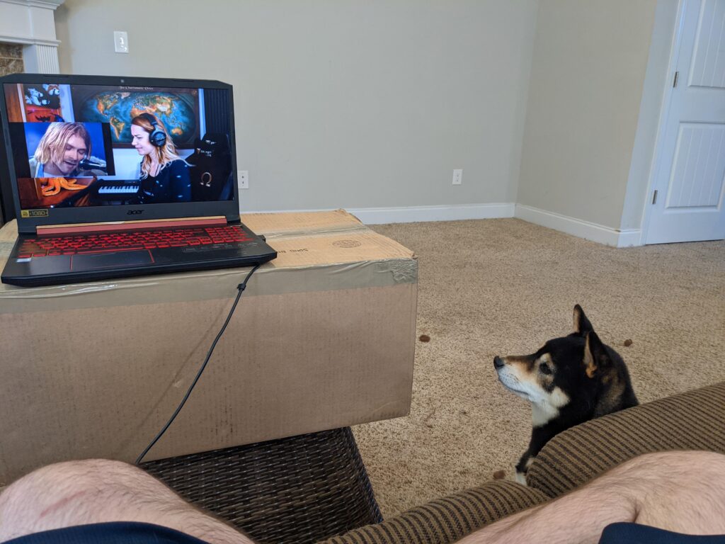 Laundry basket, box, laptop, and my copilot. And I'm definitely eating pizza rolls.