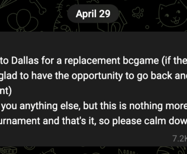 Perfecto telegram post on him standing-in for BCGame, he seemingly doesn't even have a US visa based on the wording...