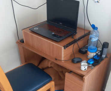 I had no table in my new location, so I had to turn a shelf over and use a drawer