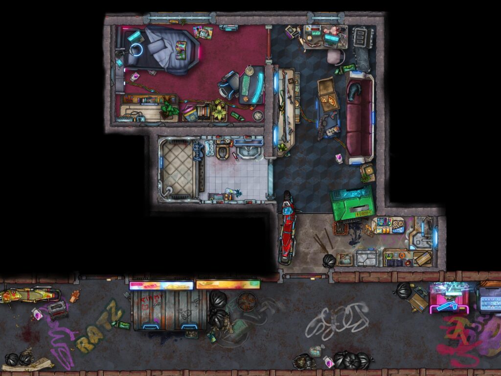 Hey, welcome to my place! Ignore the mess, just have a seat and don't mind the android parts! [The Cyber-punk's Apartment(Inkarnate)]